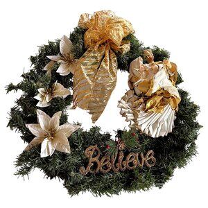 Christmas Wreath 18" Jesus Mary Joseph Nativity Poinsettia Wall Door Decor VTG